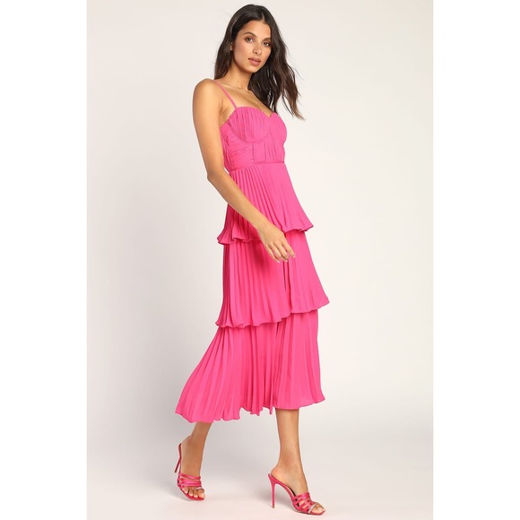 Lulus Cascading Crush Tiered Pleated Midi Dress Size XL Pink Party Wedding Flowy - Picture 11 of 11